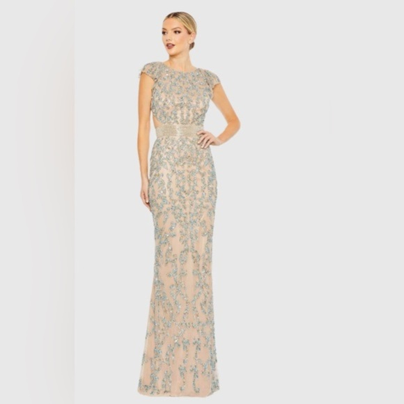 NWT | Mac Duggal 5689 Nude Multi Cut Out Lace Up Cap Sleeve Gown Size 10 - Picture 1 of 16